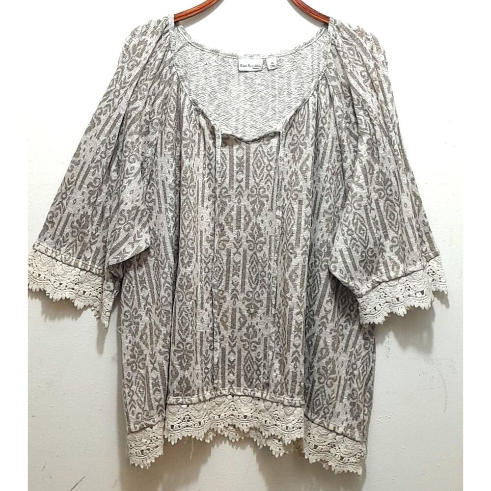 Kim Rogers Turkish Print Lace Accent Sweater Top Size 3X